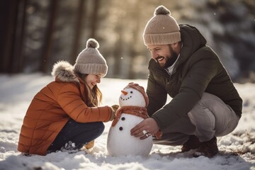 Happy family father and children having fun, plaing with a snowman on a snowy winter walk. - obrazy, fototapety, plakaty