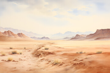 Fototapeta na wymiar watercolour painting of the desert landscape, a picturesque arid environment in soft natural harmonious colours