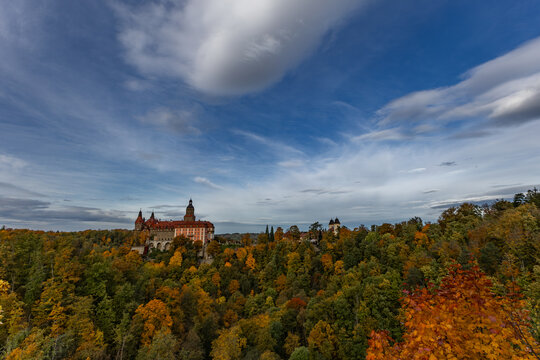 View of the old historic Książ Castle - autumn castle - panorama with a view of the Książ Castle
