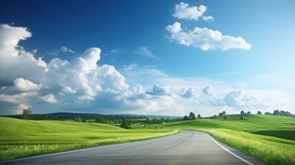 asphalt road through the green field and clouds on blue sky in summer day