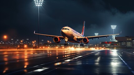 Airplane during take off on airport runway at night against air traffic control tower. Plane in blurred motion at night. - obrazy, fototapety, plakaty