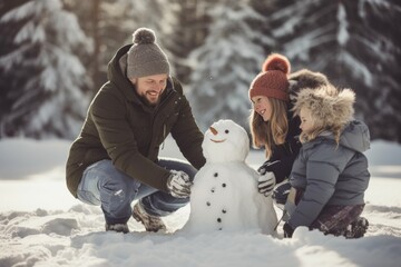 Happy family father and children having fun, plaing with a snowman on a snowy winter walk. - obrazy, fototapety, plakaty