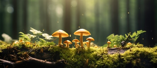 Mushrooms that can be eaten Chanterelle mushrooms found in a forest covered in moss Concentrating on specific elements - obrazy, fototapety, plakaty