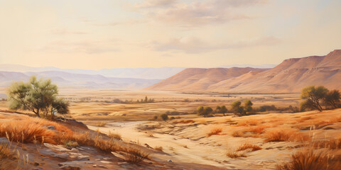 Fototapeta na wymiar painting of the desert landscape, a picturesque arid environment in natural harmonious colours