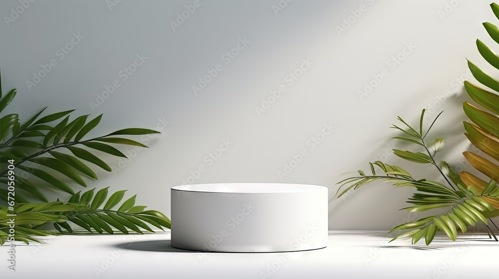 Poster cylindrical podium on a white background with hard shadows and leaves. minimal empty scene of cosmet