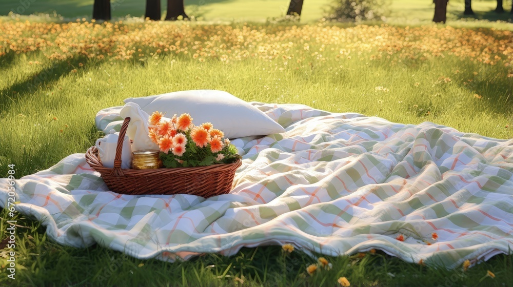Poster Picnic duvet with empty bascket on the meadow in nature.