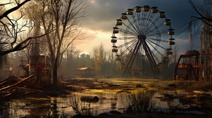 old abandoned Park, empty metal Ferris wheel without cabins in absence of visitors, a day off, repairs and an abandoned creepy place, like Pripyat, disassembled into parts a children's attraction - obrazy, fototapety, plakaty