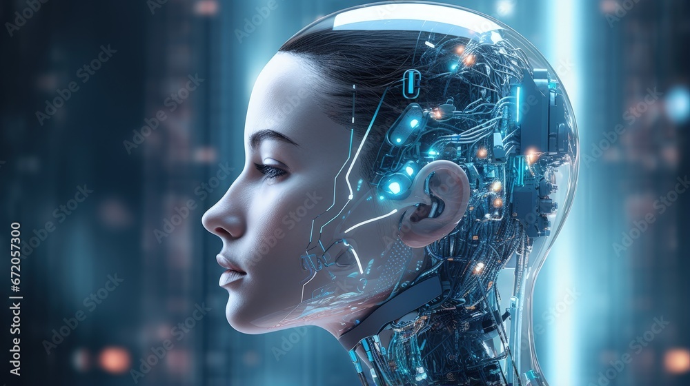 Aufkleber 3D Rendering of robot's head with abstract technology background. Concept for Artificial intelligence, big data analysis, deep machine learning.