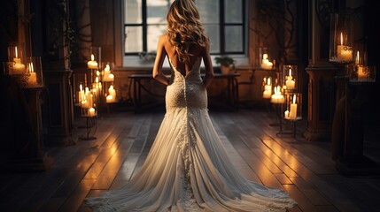 Gorgeous sleeveless and backless wedding dress. Bride in the white wedding dress