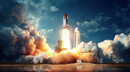 Space Shuttle Launch. 3D Scene. - obrazy, fototapety, plakaty