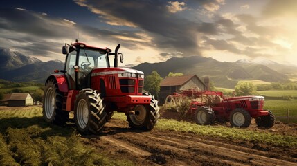Agricultural tractors on a farm