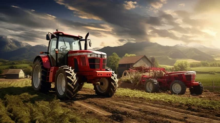Tuinposter Agricultural tractors on a farm © HN Works