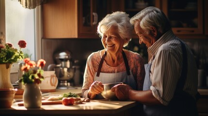 Elderly couple joyfully cooking together in a sunlit, cozy kitchen filled with warmth. - obrazy, fototapety, plakaty