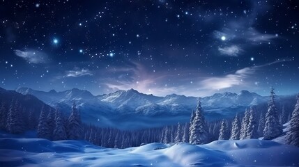 Stunning nighttime view of snowy forest and mountains under starry sky and clouds - obrazy, fototapety, plakaty