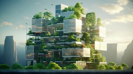 Selective focus on tree and eco friendly building with vertical garden in modern city. Green tree forest on sustainable glass building. Office building with green environment. Go green concept. - obrazy, fototapety, plakaty