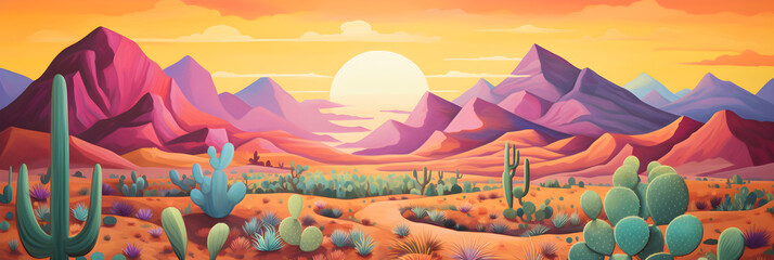 simple colourful painting of the desert landscape, a cute picturesque environment in bright colours