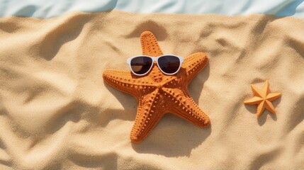 A funny brown starfish (celebrity) in sunglasses lies on a towel on the seashells and is tanning. Summer vacation, travel and tourism concept. View from above.