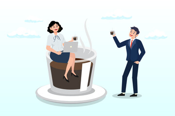 Businessman and businesswoman colleague take a break having coffee and have a chat, coffee break, business discussion while having coffee or brainstorming after meeting break (Vector)