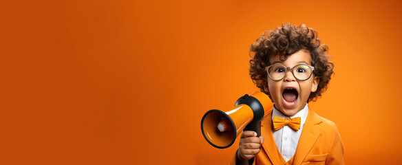 Young toddler boy happily screaming in megaphone loudspeaker on studio orange background. Important announcement news, significant messages sale discount concept. Copy paste place for text