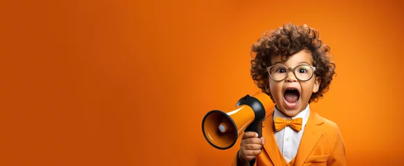 Foto op Aluminium Young toddler boy happily screaming in megaphone loudspeaker on studio orange background. Important announcement news, significant messages sale discount concept. Copy paste place for text © Valeriia