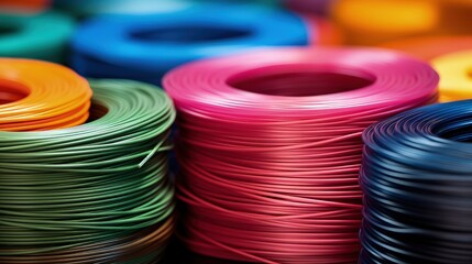 Multicolored filaments of plastic for printing on 3D printer close-up. Spools of 3D printing motley different colors thermoplastic filament. Motley ABS wire plastic for 3d printer. Additive technology