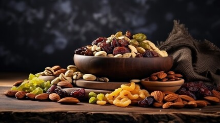 Assortment of dry fruits and nuts. Judaic holiday Tu Bishvat. Copy space - obrazy, fototapety, plakaty