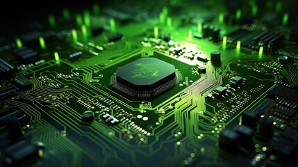 Fototapeta premium Concept of green technology. green world icon on circuit board technology innovations. Environment Green Technology Computer Chip.Green Computing and Technology,CSR, and IT ethics