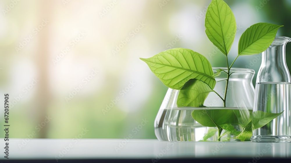 Poster green leaf plant with glassware flask and vial in biotechnology science laboratory background