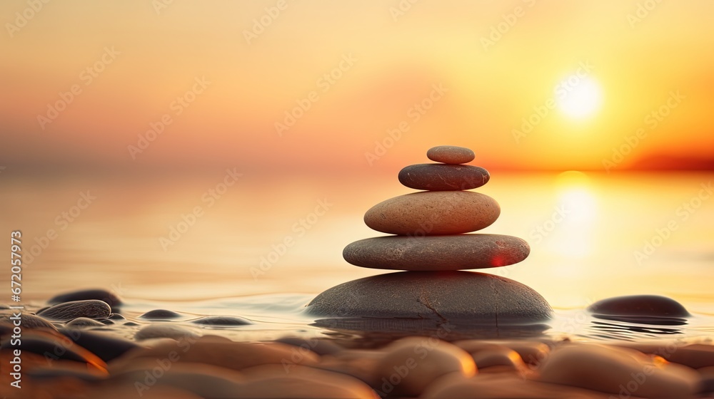Poster balanced pebble pyramid silhouette on the beach. abstract warm sunset bokeh with sea on the backgrou