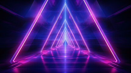 Fototapeta na wymiar 3d render, ultraviolet neon triangular portal, glowing lines, tunnel, corridor, virtual reality, abstract fashion background, violet neon lights, arch, pink blue triangle, spectrum, laser show
