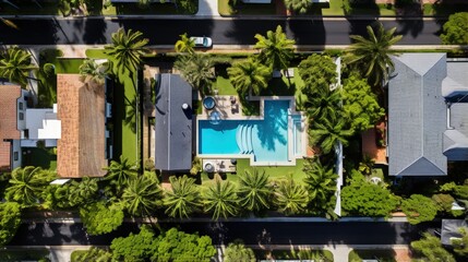 429 NE 8th Ave, Fort Lauderdale Aerial drone views and overhead image of property in a residential area of Miami, front and back with pool, natural and synthetic grass, bushes, palm trees, garage - obrazy, fototapety, plakaty