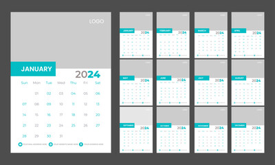 Wall Calendar design 2024 template - 12 months included in A4 Size