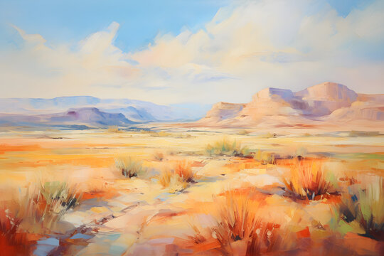 colourful impressionist style painting of the desert landscape, a picturesque environment in harmonious natural colours