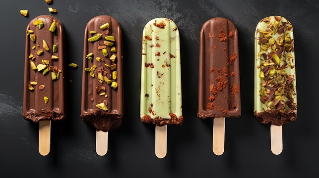 Ice cream popsicle pattern. Flat-lay of chocolate glazed ice cream pops with pistachio icing over grey concrete background, top view, close-up. Summer seasonal cold sweet healthy vegan dessert