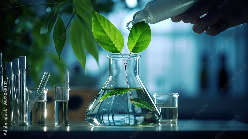 Poster green leaf plant with glassware flask and vial in biotechnology science laboratory background