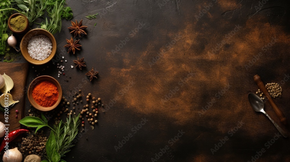 Poster cooking table with herbs, spices and utensils. top view with copy space
