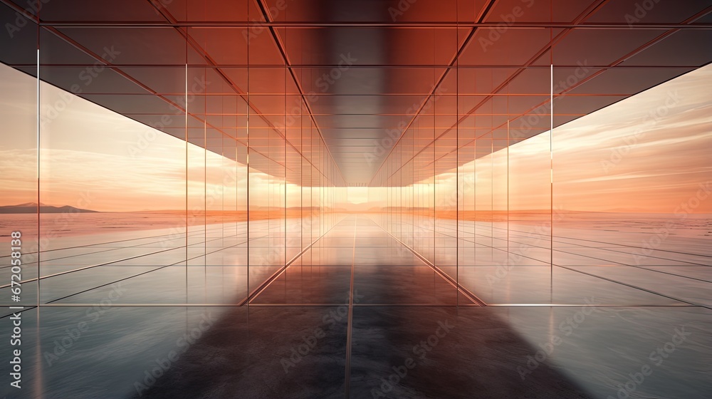 Aufkleber 3d render of abstract futuristic glass architecture with empty concrete floor.