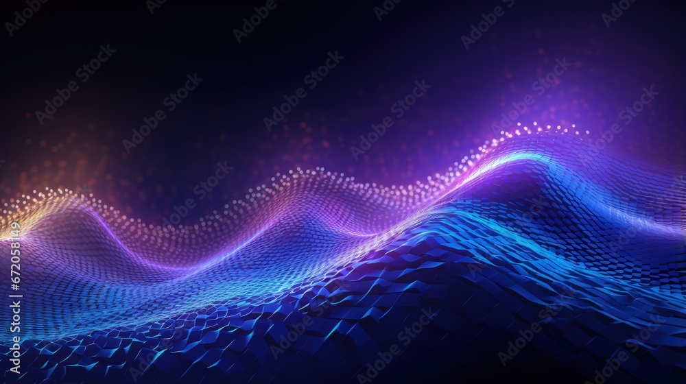 Poster abstract wave of dots in blue and purple tones. equalizer for music. 3d .