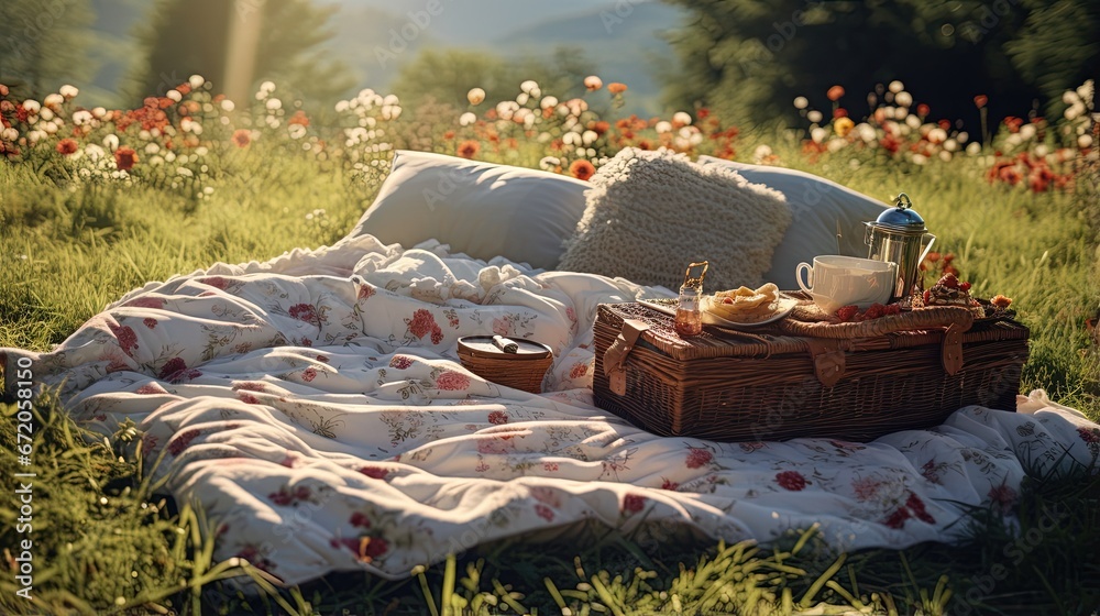 Poster Picnic duvet with empty bascket on the meadow in nature.