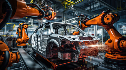 Automotive production line. Modern automobile factory. Automotive industry. Industrial background. Automation industry 4.0 concept