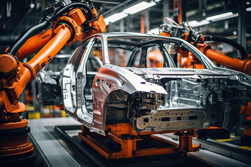 Automotive production line. Modern automobile factory. Automotive industry. Industrial background. Automation industry 4.0 concept