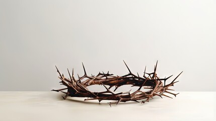 Crown of thorns on wooden table against white background, closeup with space for text. Easter attribute