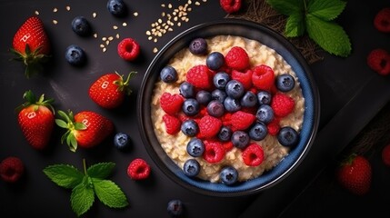 Healthy Oatmeal Porridge With Summer Berries Blueberry Raspberry Strawberry In A Bowl. Clean Eating Concept
