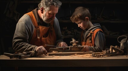 The process of learning carpentry, close-up father and son working on wood.