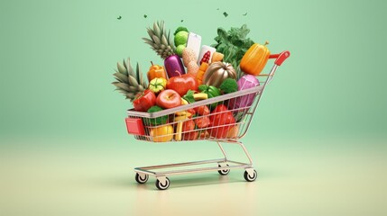 Shopping cart full of food and smartphone. Grocery market shop, food and eats online ordering, buying and delivery concept. 3d illustration