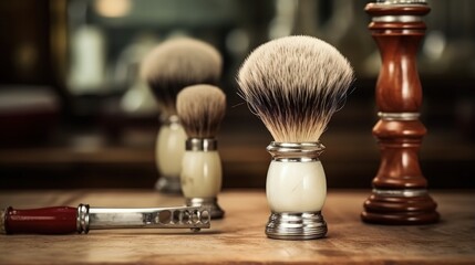 Barber tools. Close-up of elegant old brush with white handle for shaving and range of old-fashioned straight razors on a barbers table - obrazy, fototapety, plakaty