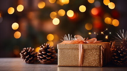 Fototapeta na wymiar gift boxes and pine on the background of bokeh. christmas and new year background