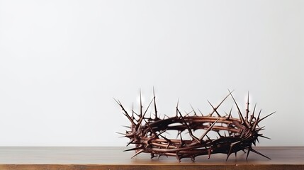 Fototapeta premium Crown of thorns on wooden table against white background, closeup with space for text. Easter attribute