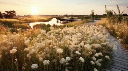 Sunrise and summer view of deck trails with white flowers of Imperata cylindrica at Sorae Wetland Ecological Park near Incheon, South Korea - obrazy, fototapety, plakaty