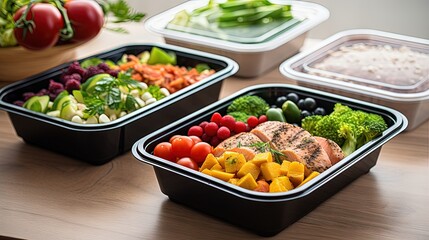 Healthy food delivery. Fitness food. Weight loss nutrition diet. Eat right concept, healthy food, clean food take away in aluminium boxes, vegetable salads and meat at white wooden table closeup - obrazy, fototapety, plakaty